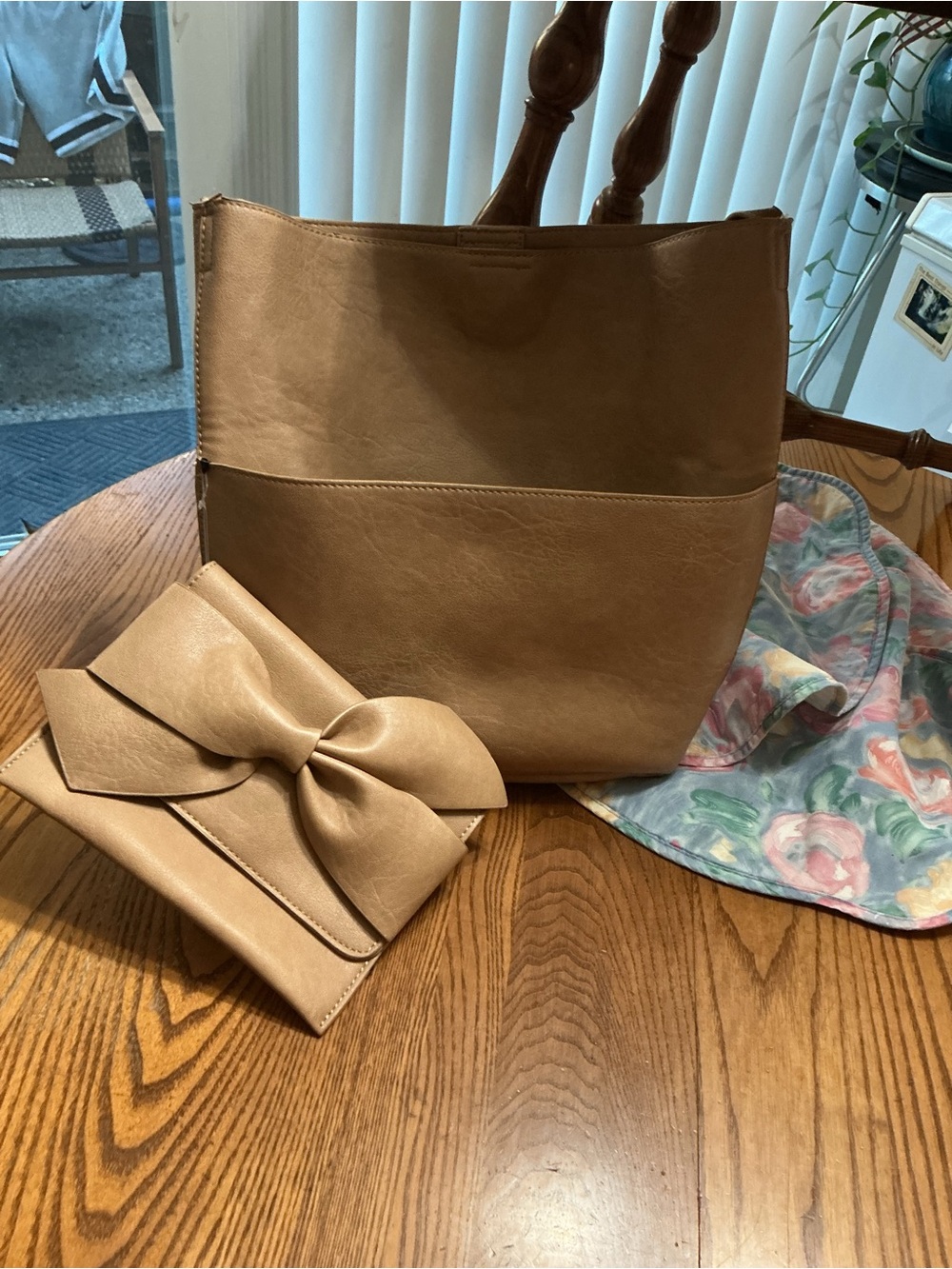 Anthropologie Tan Faux-Leather Tote with Bow Clutch